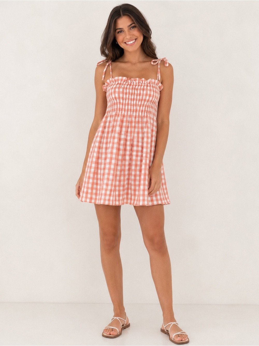 Altar'd State Coral and White Gingham Shirred Mini Dress